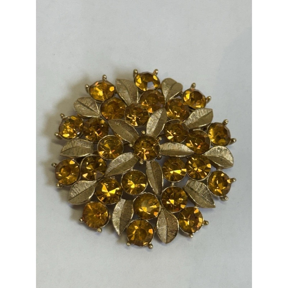 Vintage Sarah Coventry Gold Tone Leaf Prong Set Amber Rhinestone Brooch